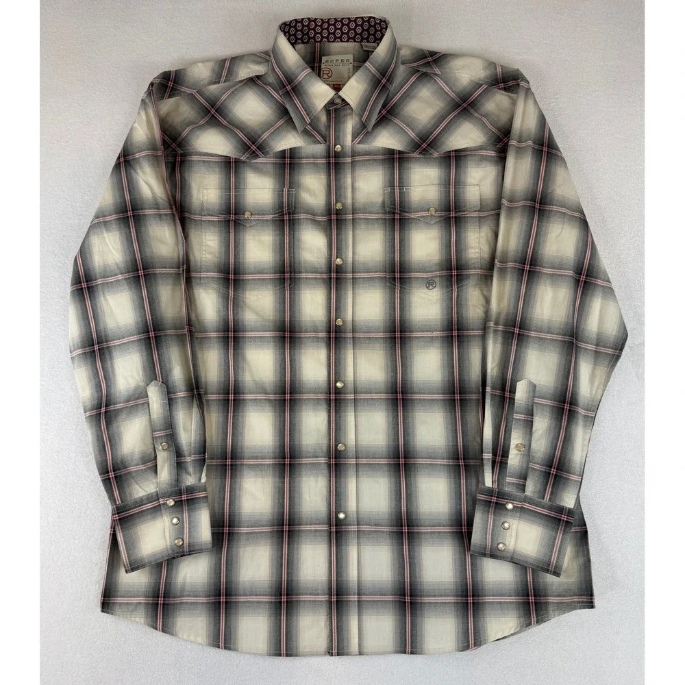 Roper Western Pearl Snap Shirt Mens XL Cream Black Red Plaid Long Sleeve Cotton